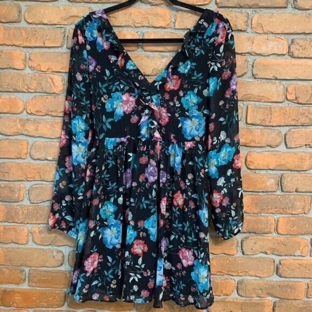Express Women's Floral Print Chiffon‎ V-Neck Ruffle Trim Mini Dress Black Size 0